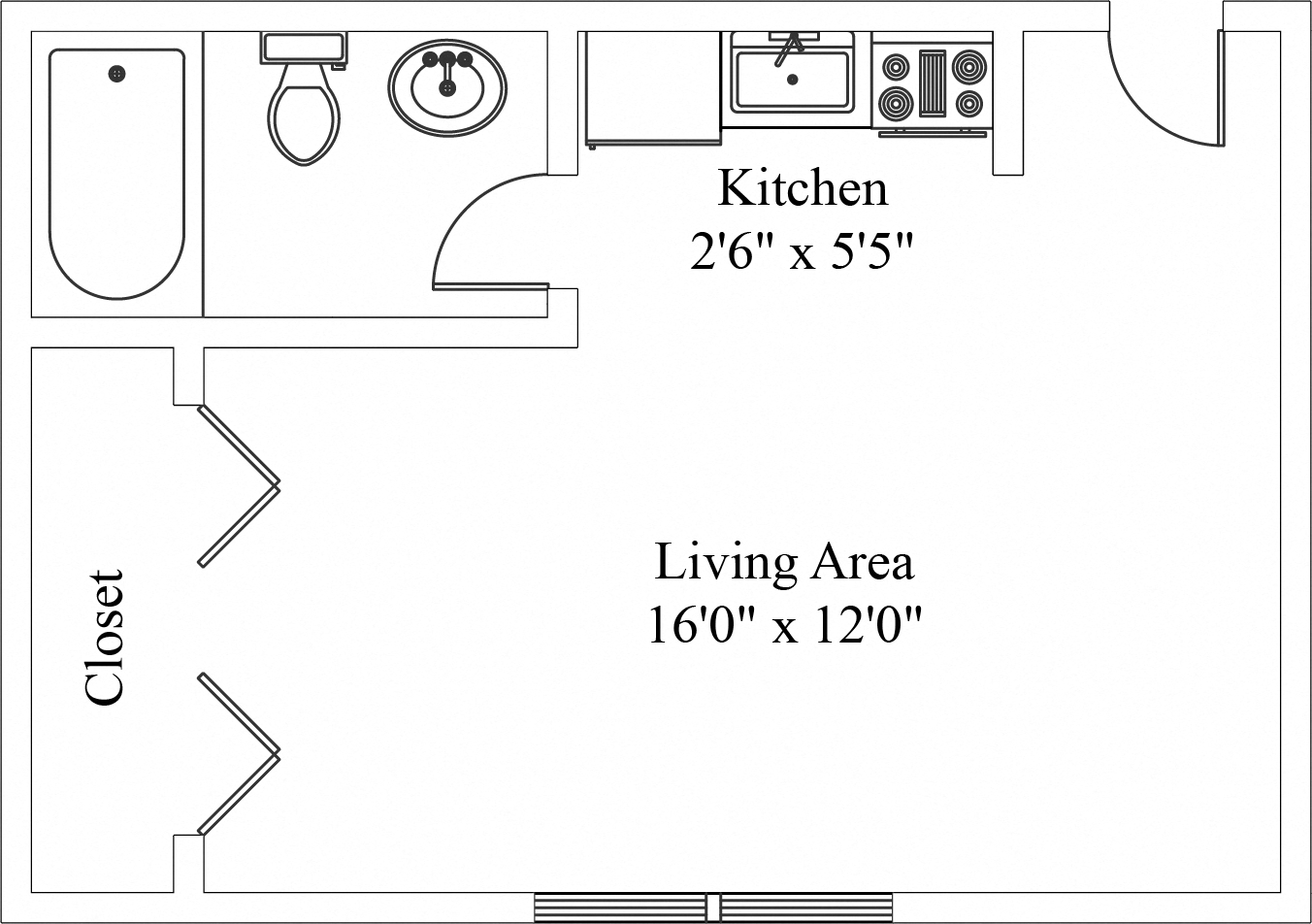 Floor plan for 1 bed, 1 bath, 277 sqft